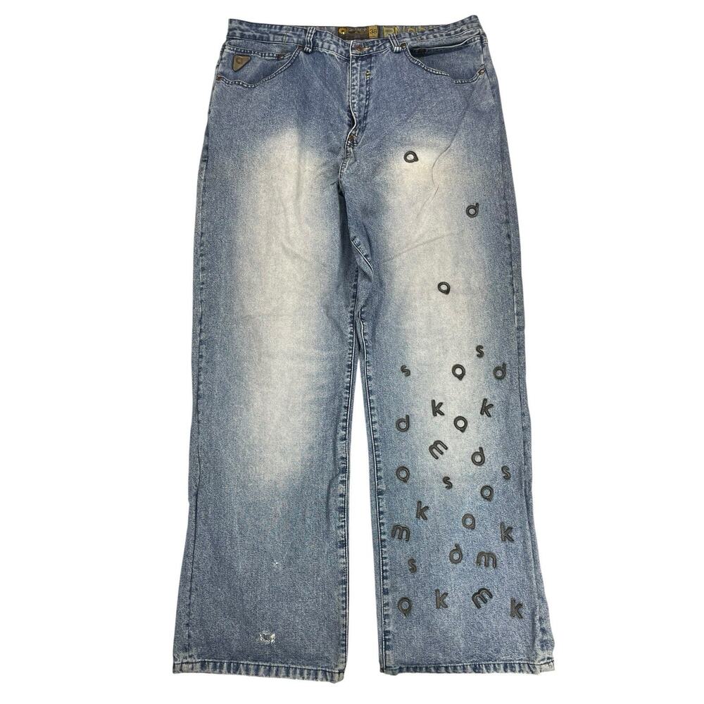 Y2K Akademiks Baggy Denim Jeans Mens 38 Embroidered Letters Streetwear Skater